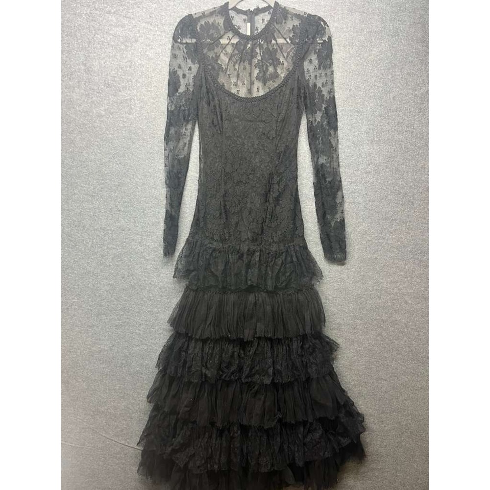 Alessandra Rich Black Lace Tiered Ruffle Maxi Dress Size 36 US 4-6 Italy